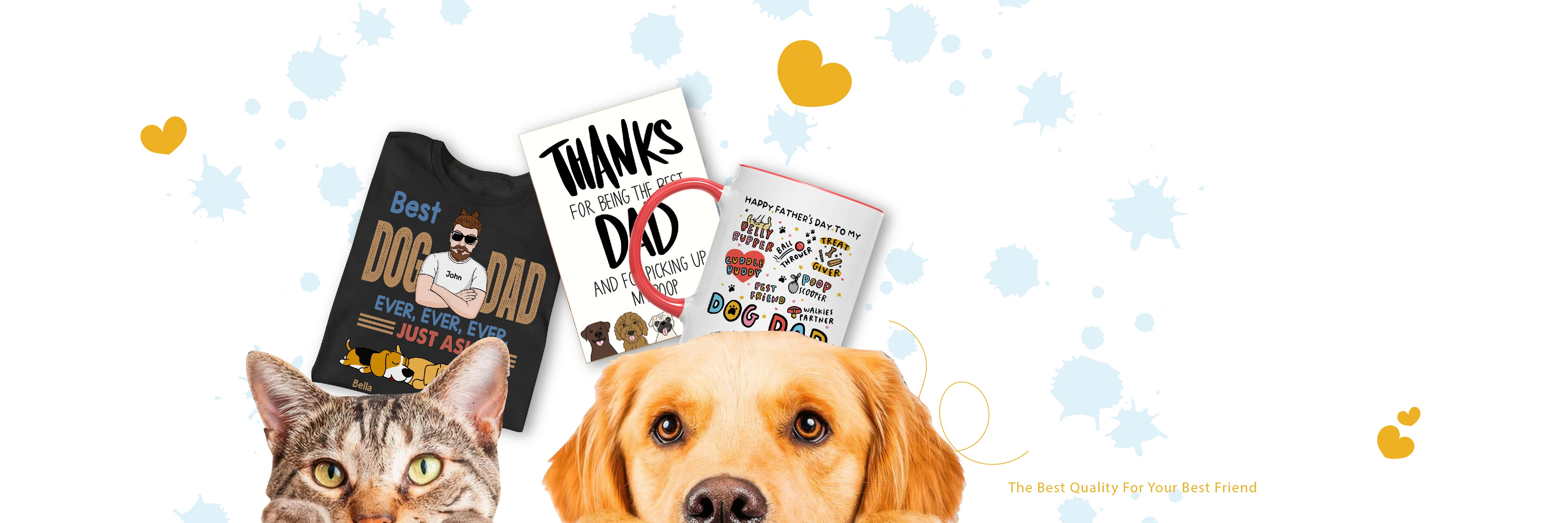 Collection of pet-themed products including t-shirts and a mug on a white background with decorative elements.