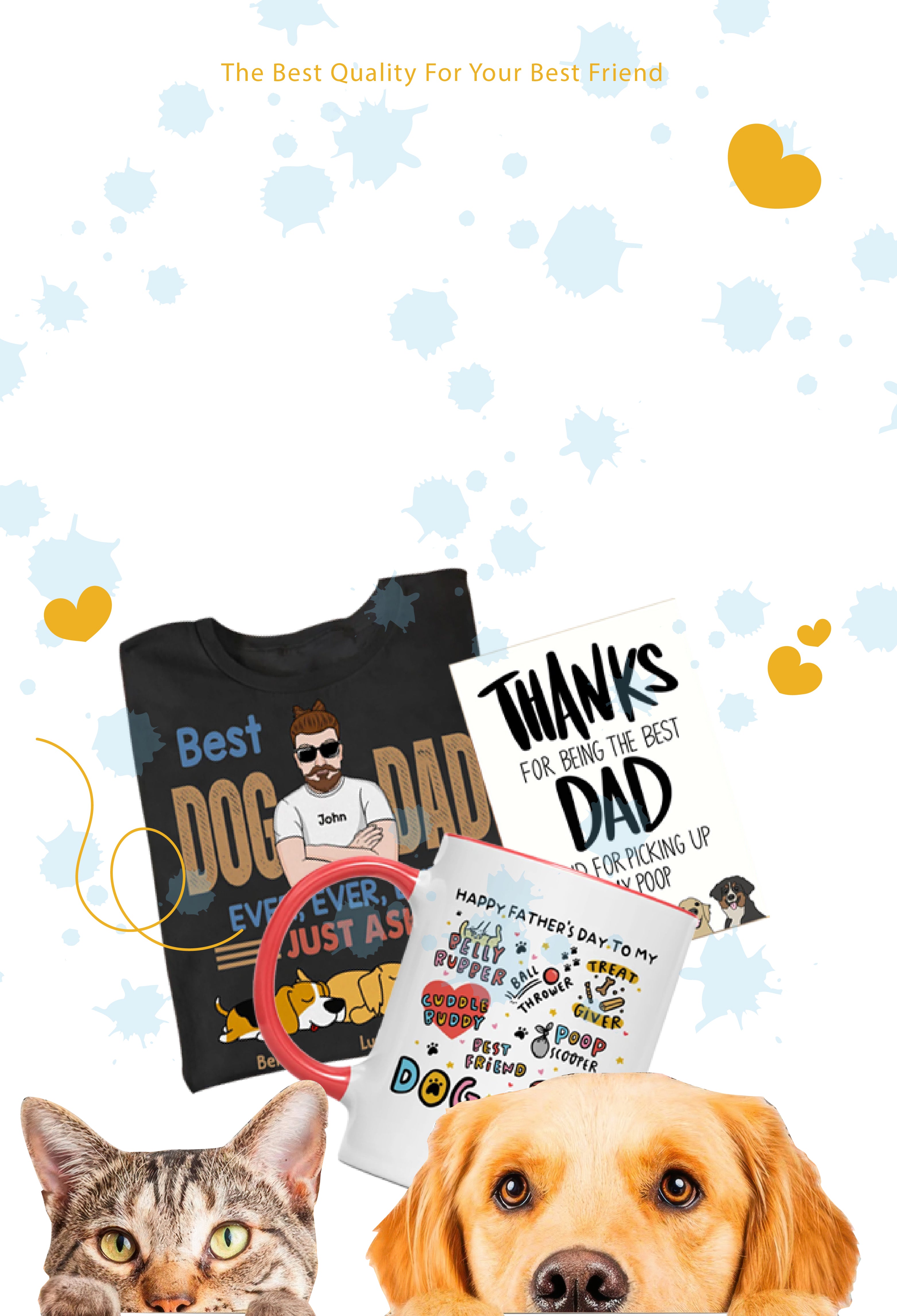 T-shirts with dog-themed designs and a cat and dog on a light blue background with hearts.