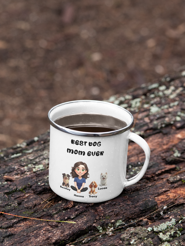 Custom Dog Mom White Enamel Mug, Personalize Pet Lover Mug
