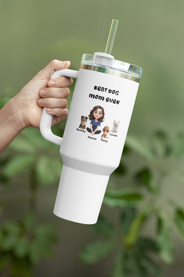 Custom Dog Mom Travel Mug with a Handle, Personalize Pet Lover Mug