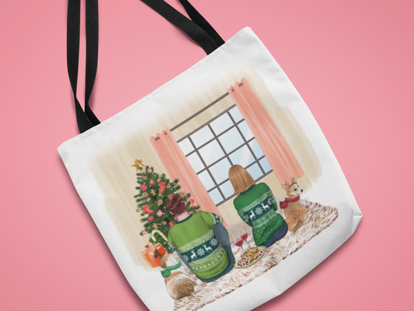 Custom Couple Tote Bag, Christmas Couple and Pet Tote Bag, Personalized Bag