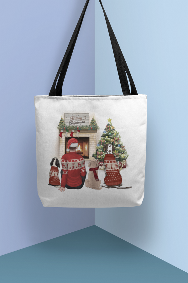 Christmas Fireplace Custom Tote Bag, Custom Dog Dad Tote Bag