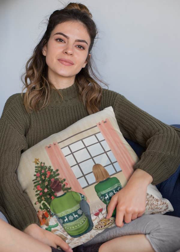 Custom Christmas Pillow, Cozy Couple & Pet Illustration Basic Pillow
