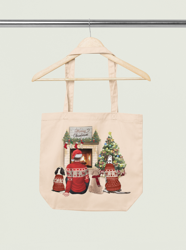 Christmas Fireplace Tote Bag Dog Dad Tote Bag, Personalize Pet Tote Bag