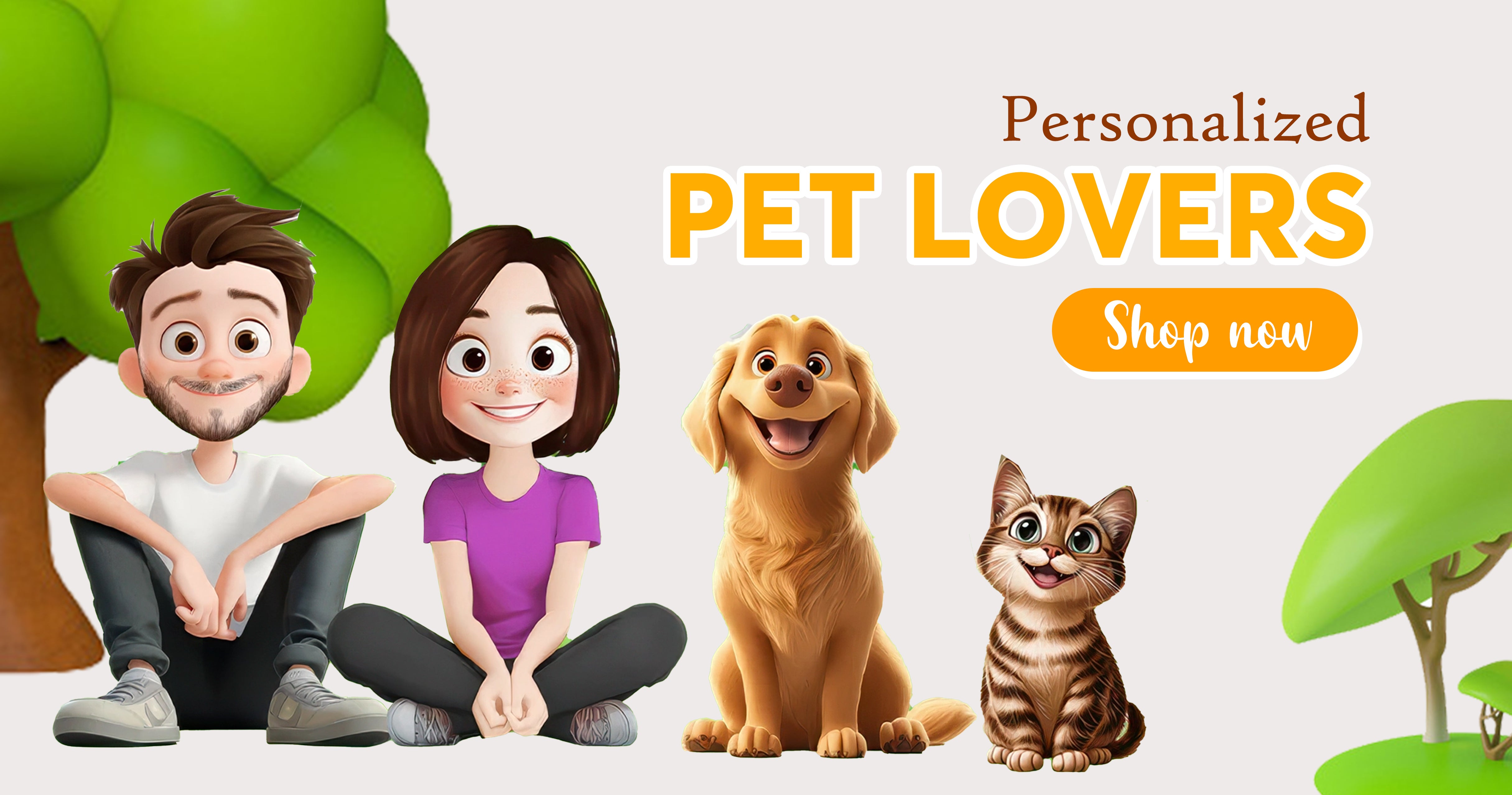 Cartoon characters of a man and woman with a dog and cat, promoting 'Personalized Pet Lovers' with a call to action.