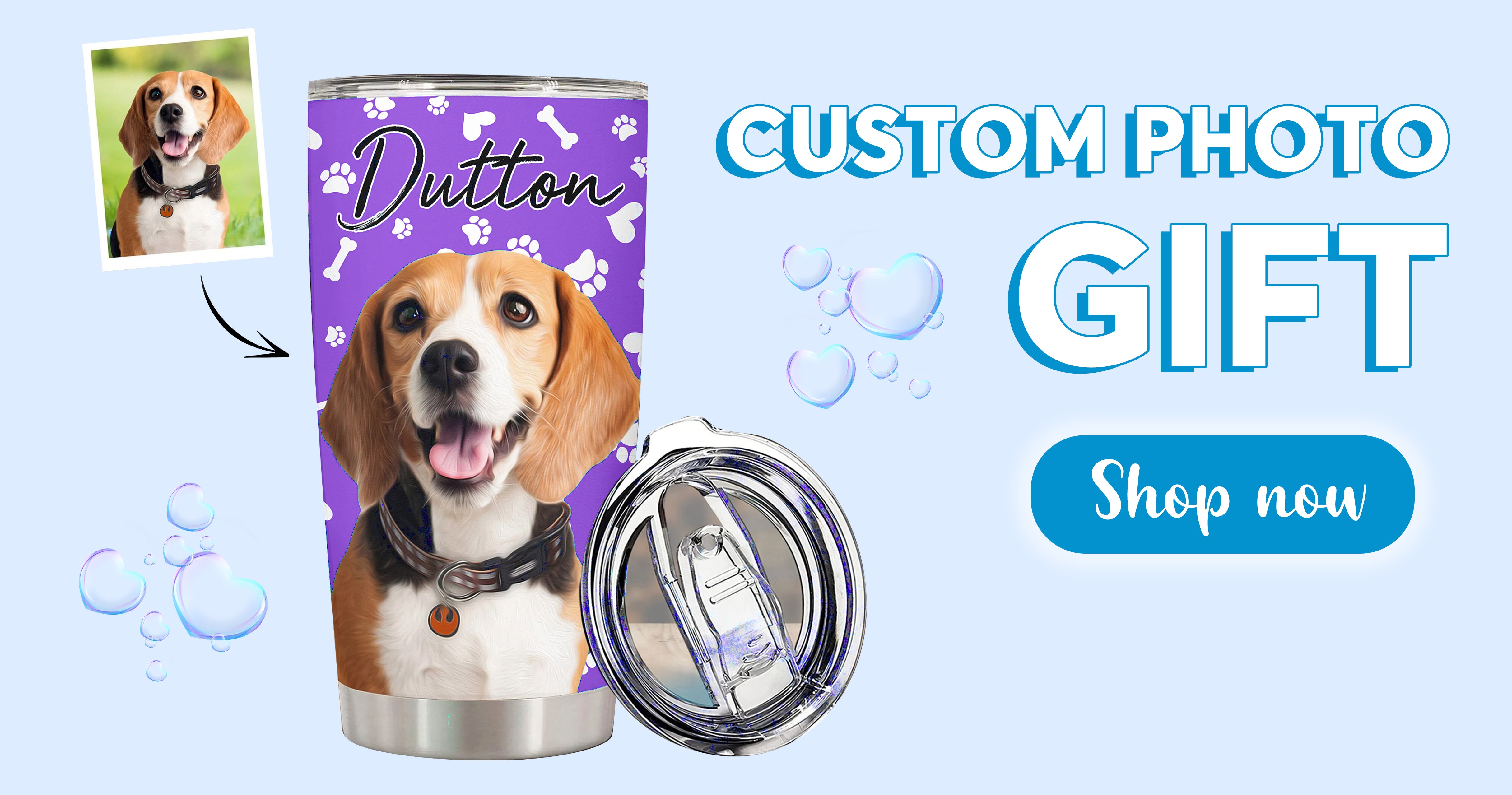 Tumbler with a dog photo and 'Dutton' text on a light blue background
